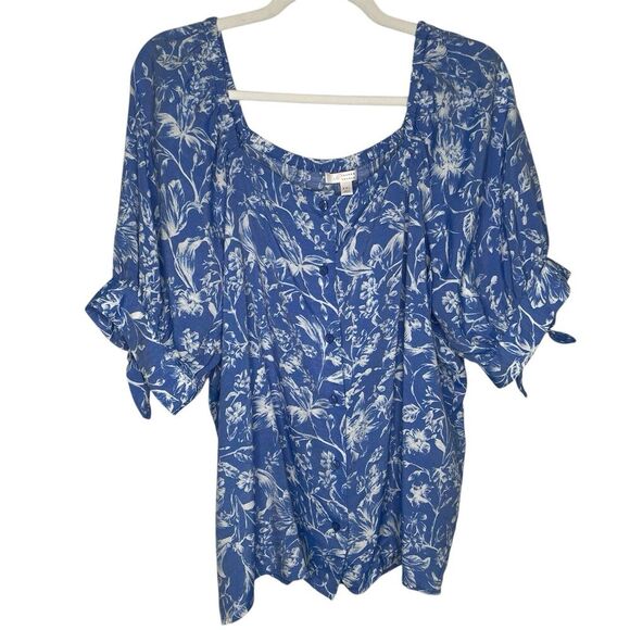 Lauren Conrad Blue White Floral Fairycore  Button Down RayonBlend Top‎ SZ XXL - Picture 1 of 13